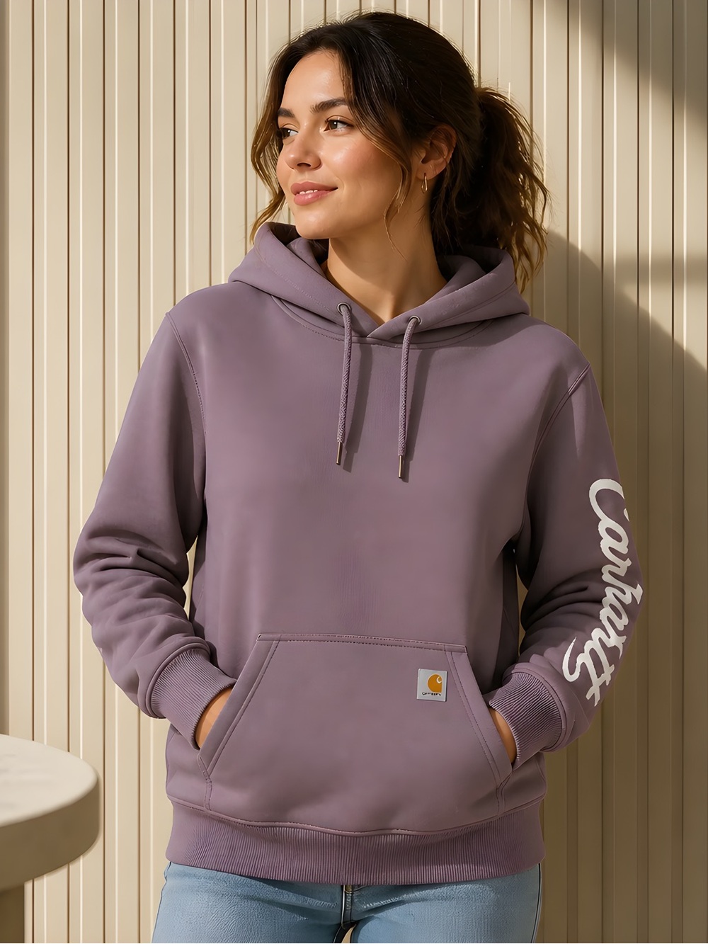 Carhartt Women's Mauve Pullover Hoodie with Script Sleeve Logo